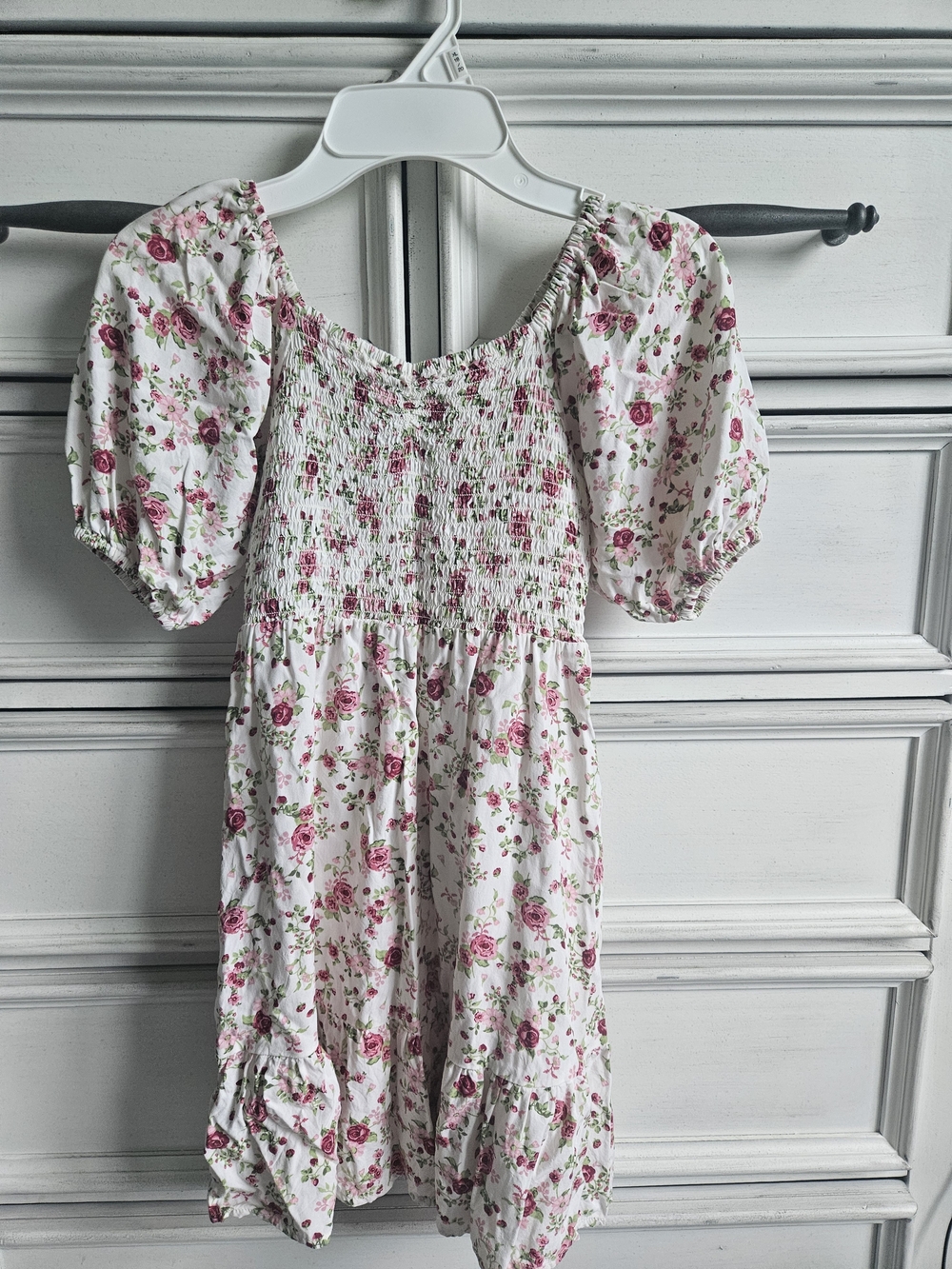 Girls White Floral Smocked Dress with Puff Sleeves